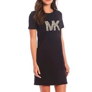 Michael Kors Black Knit Jersey Cheetah Logo Print T Shirt Dress